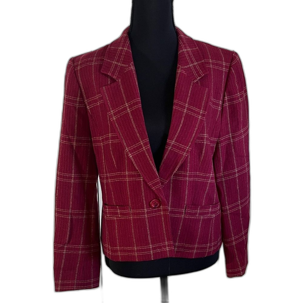 Vintage Pendleton 100% Virgin Wool Women’s Red Plaid Windowpane Blazer Size 12 P